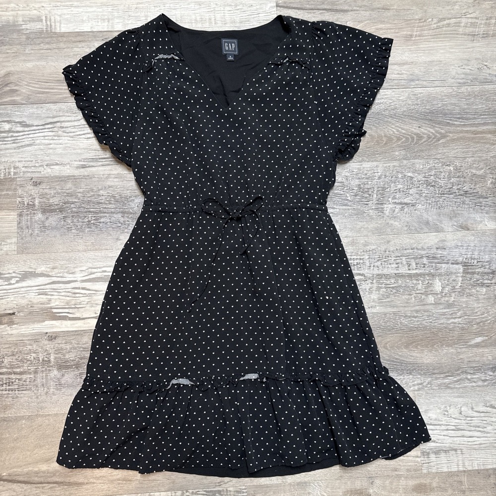 GAP Black‎ White Polka Dots V-neck Ruffle Short Sleeve Waist Tied Dress S